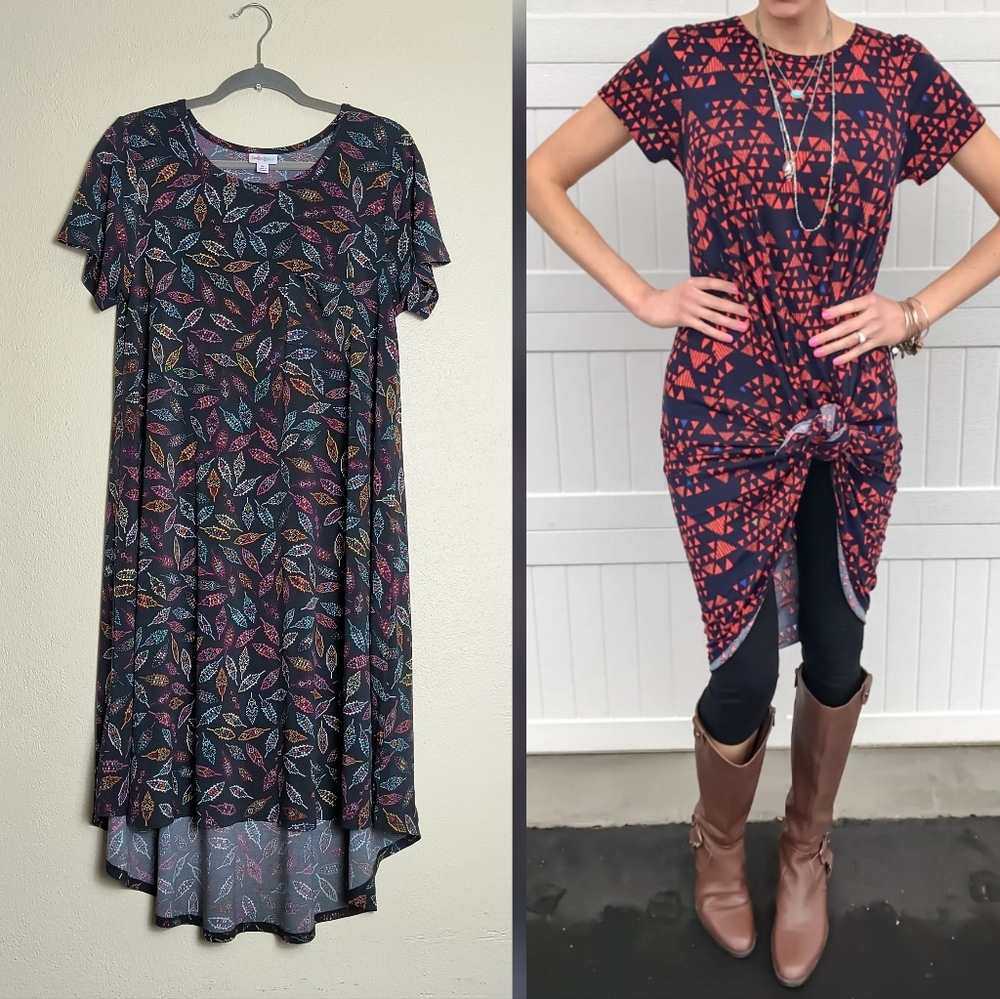 LuLaRoe Carly Size M Navy and Red Leaf High-Low Hem Dress